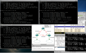 Image showing the three router's consoles, GNS3, the VPCS console, and Wireshark.