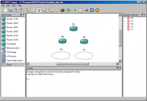 Image showing 3 routers and two cloud devices added to GNS3.